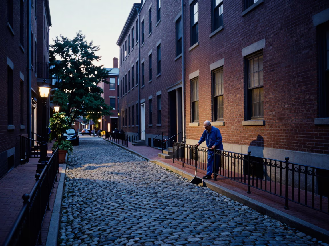 Street Scene in Boston at Nautical Dawn Light in in Boston, Massachusetts, United States