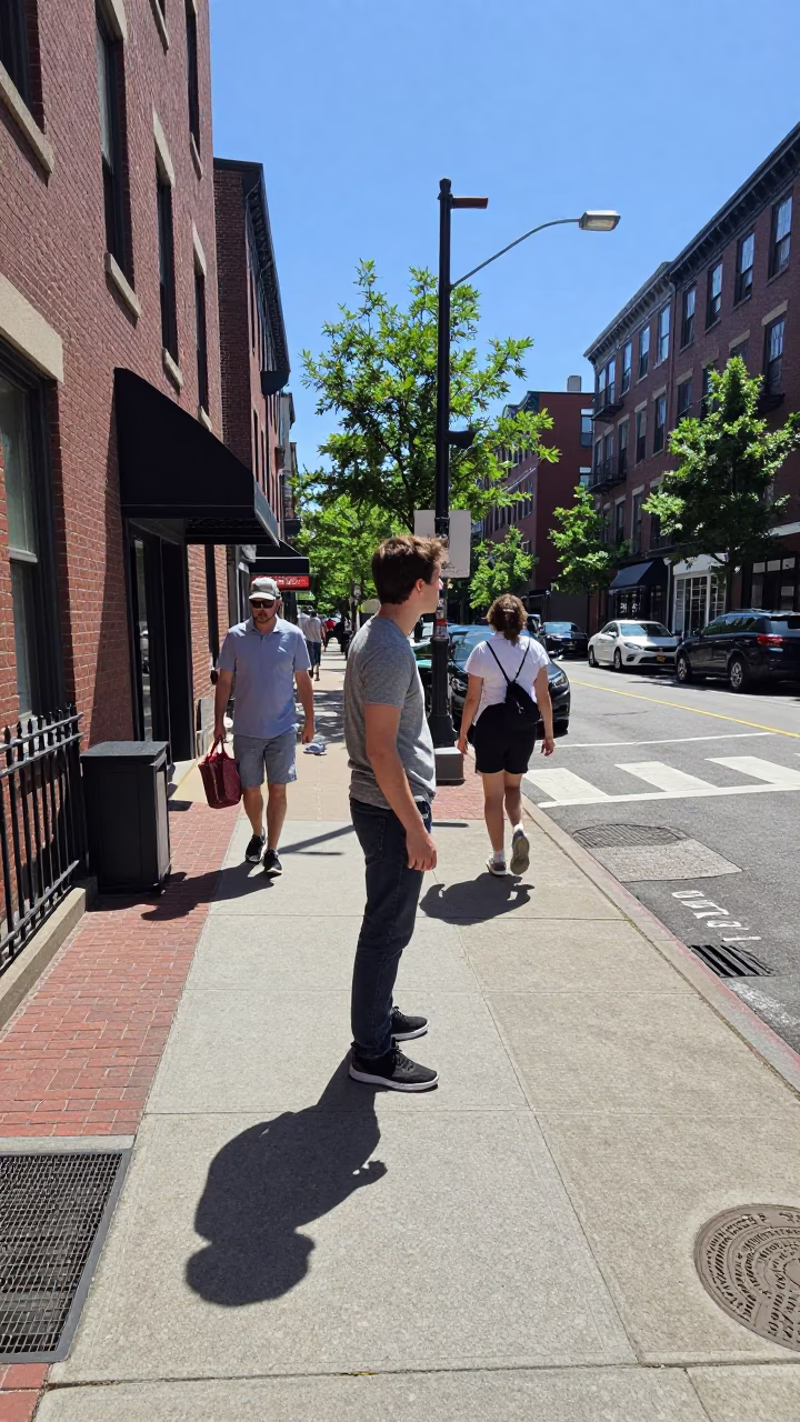 Street Scene in Boston at The Flat Glare Of Noon Light in in Boston, Massachusetts, United States