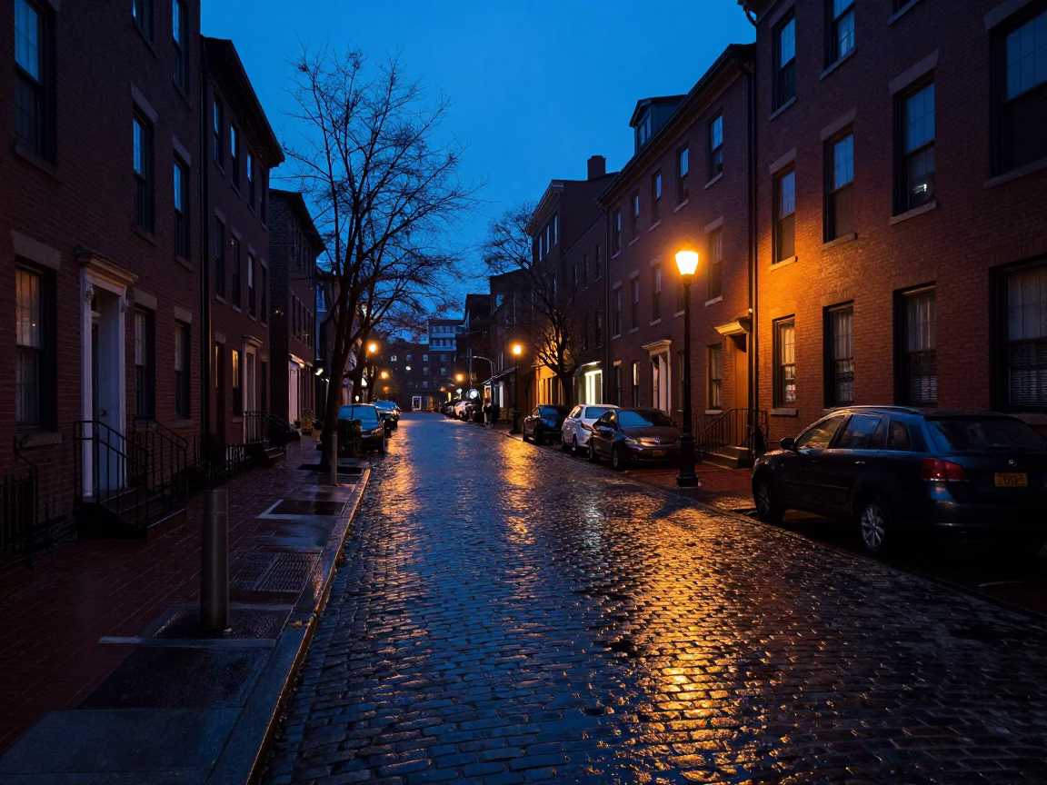 Street Scene in Boston at The Predawn Darkness Light in in Boston, Massachusetts, United States