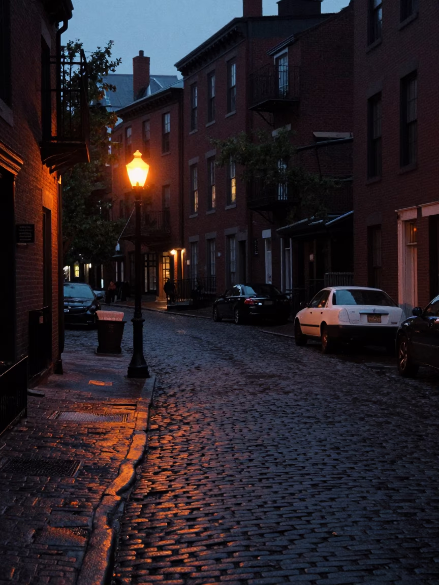 Street Scene in Boston at The Predawn Darkness Light in in Boston, Massachusetts, United States