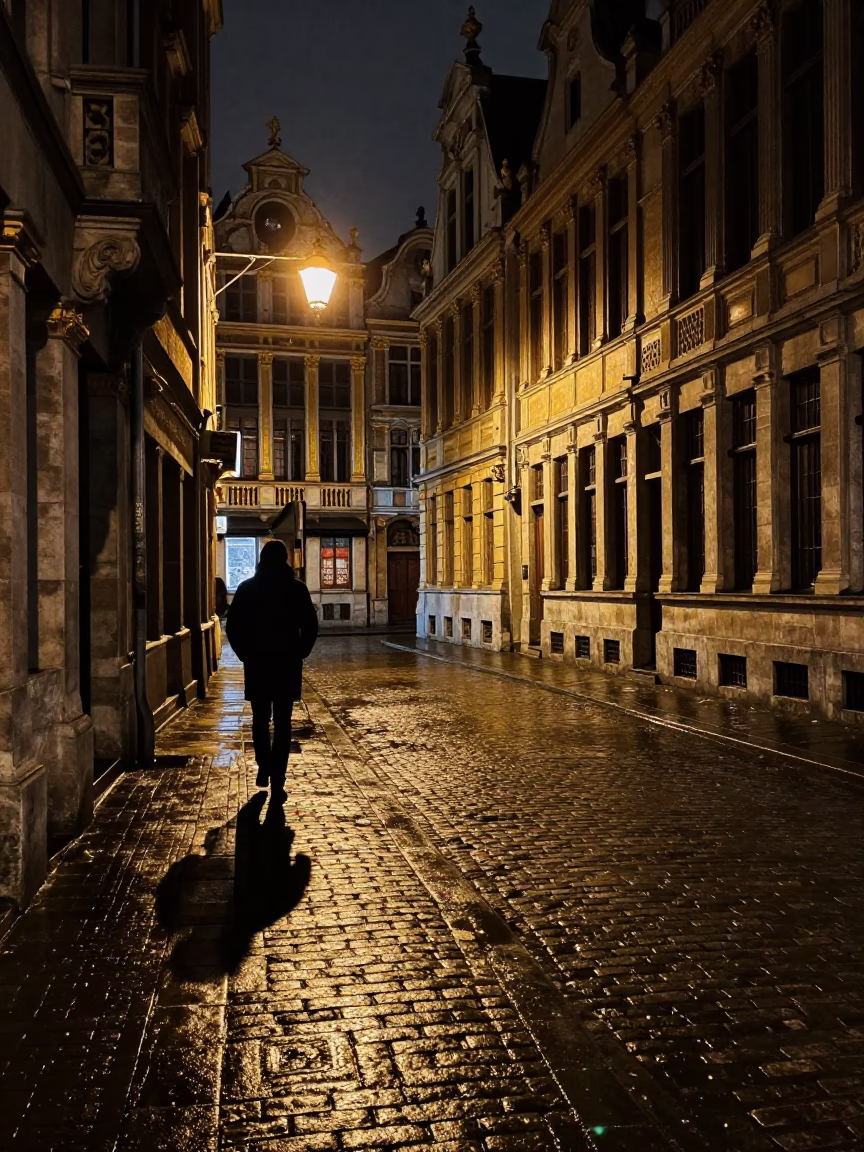 Street Scene in Brussels at Deep In The Night Light in in Brussels, Belgium