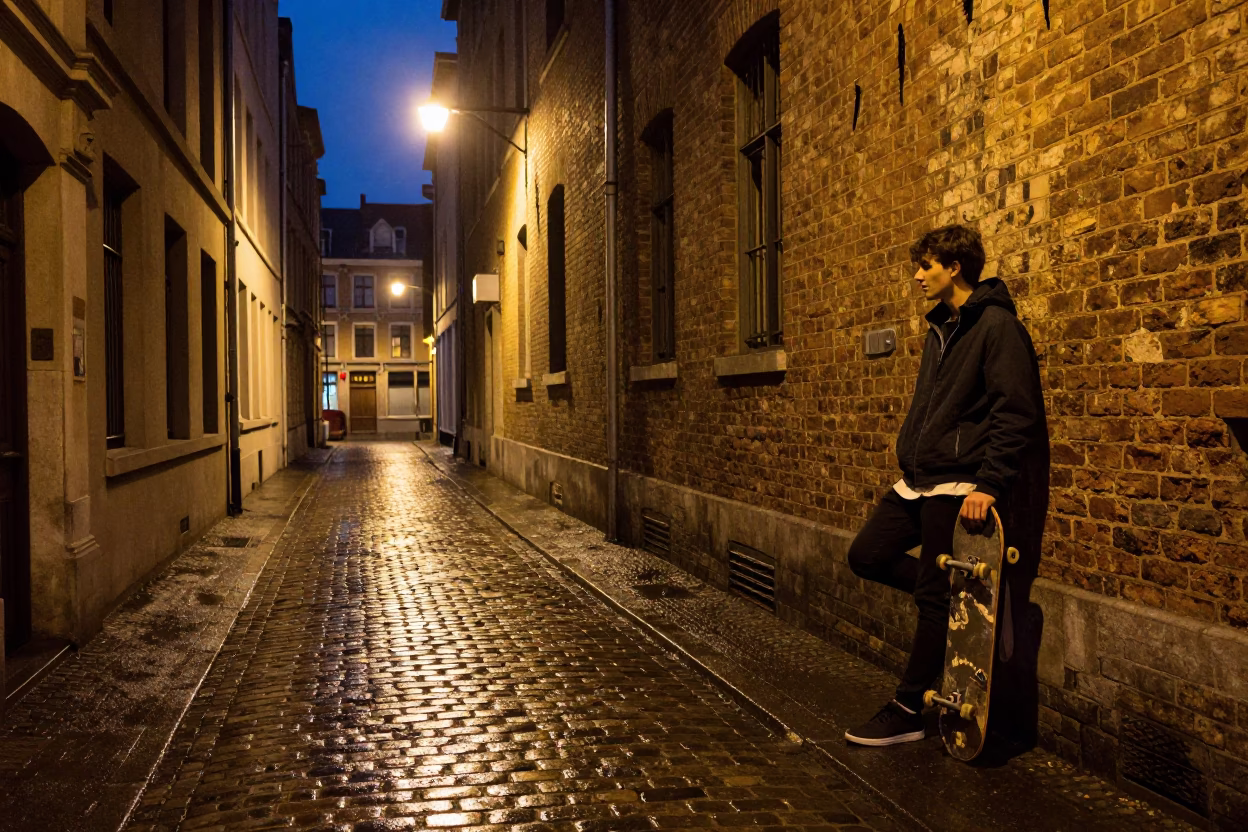 Street Scene in Brussels at Midnight Light in in Brussels, Belgium