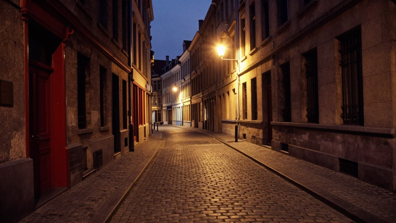 Street Scene in Brussels at Midnight Light in in Brussels, Belgium