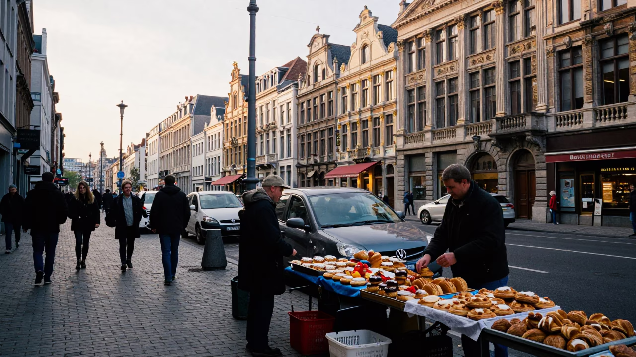 Street Scene in Brussels at The Early Morning Light in in Brussels, Belgium