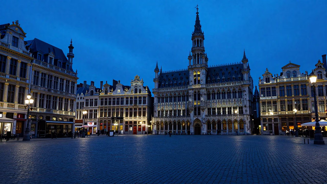 Street Scene in Brussels at The Last Blue Light Of Evening in in Brussels, Belgium