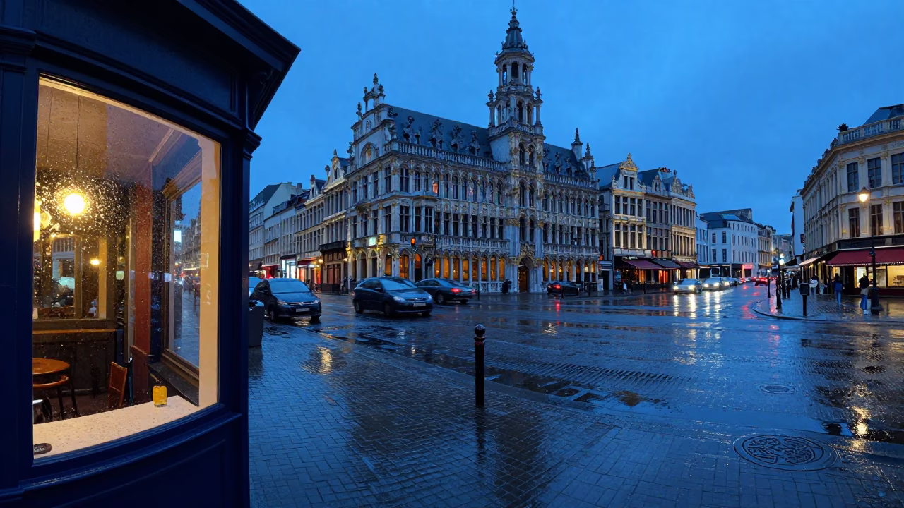 Street Scene in Brussels at The Last Blue Light Of Evening in in Brussels, Belgium