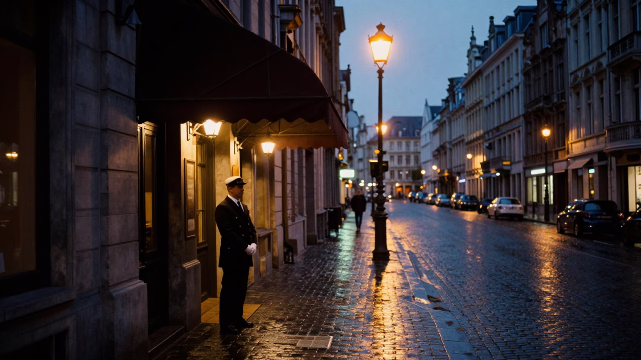 Street Scene in Brussels at The Predawn Darkness Light in in Brussels, Belgium