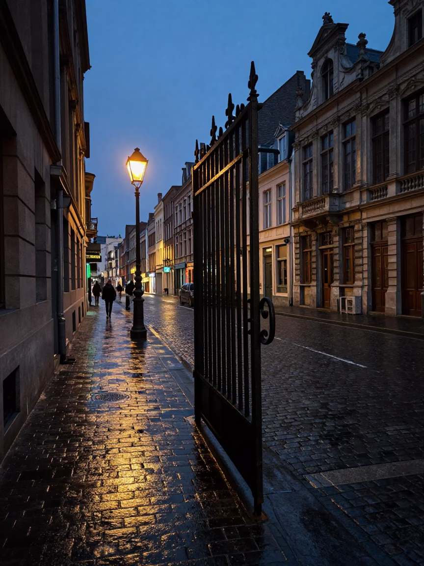 Street Scene in Brussels at The Predawn Darkness Light in in Brussels, Belgium