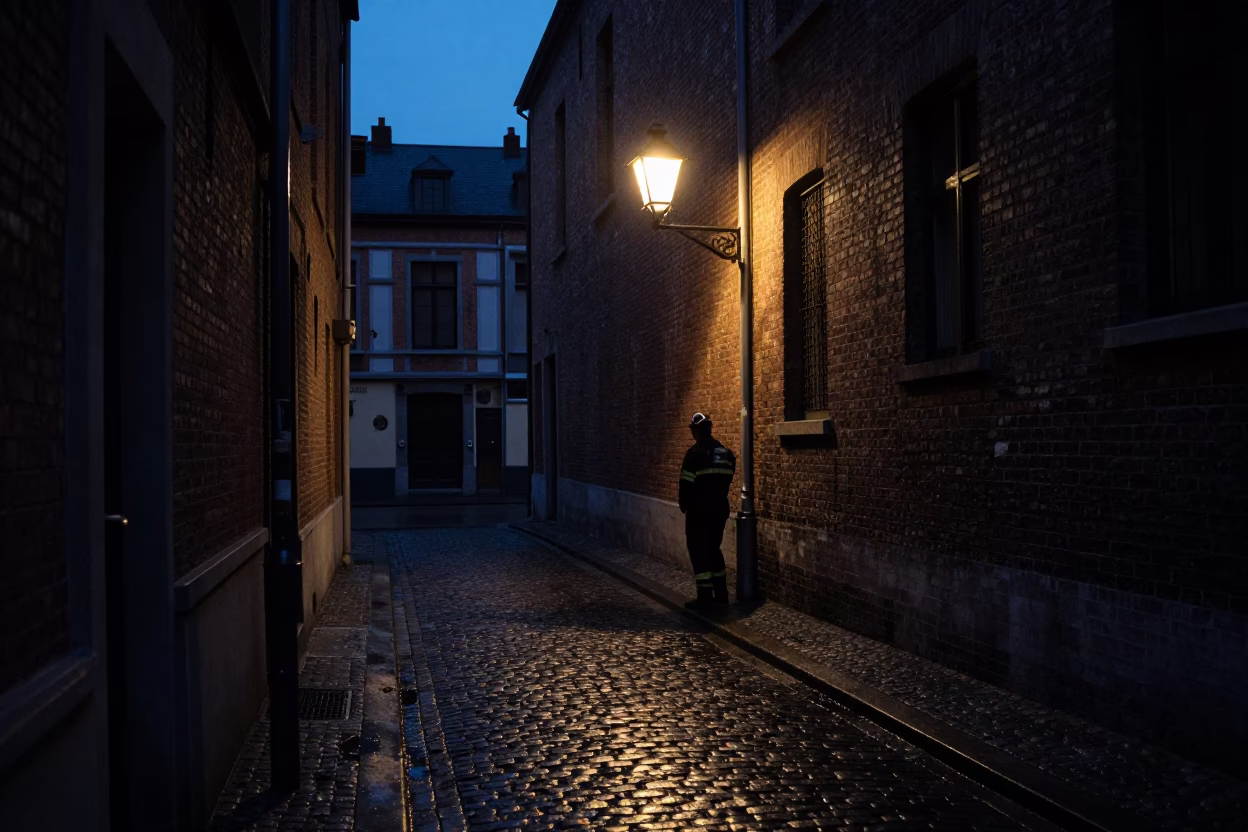 Street Scene in Brussels at The Predawn Darkness Light in in Brussels, Belgium