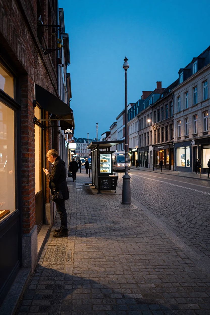 Street Scene in Brussels at The Still Hours Before Dawn Light in in Brussels, Belgium