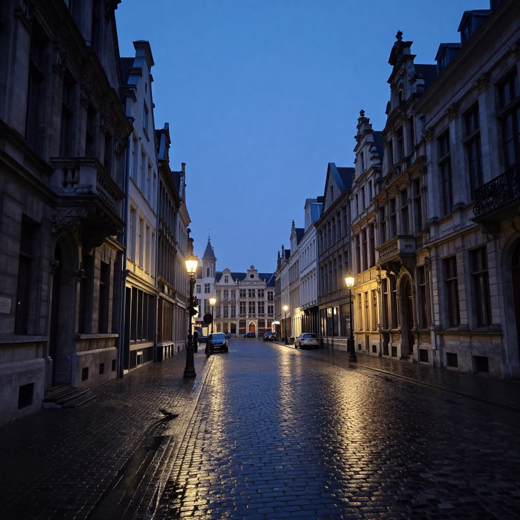 Street Scene in Brussels at The Still Hours Before Dawn Light in in Brussels, Belgium