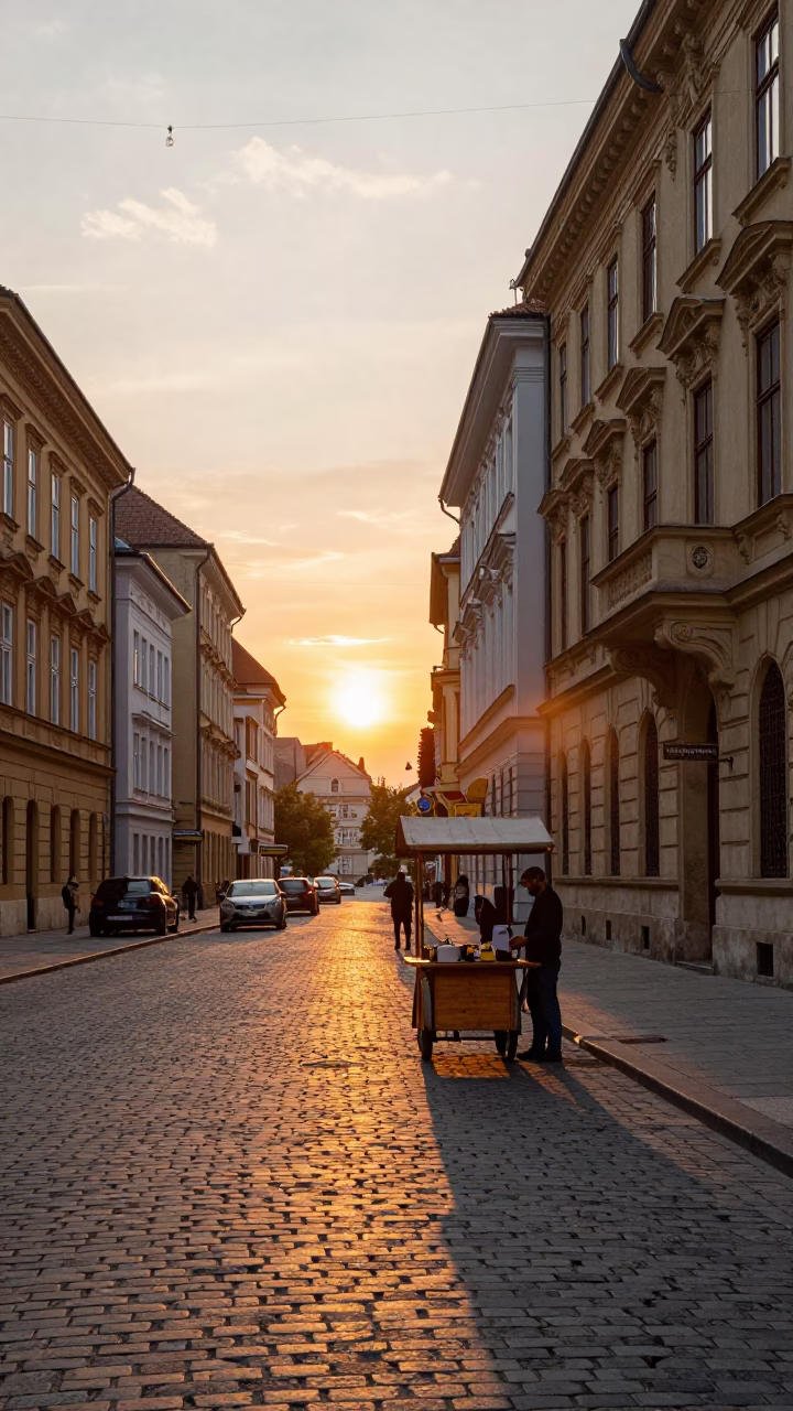 Street Scene in Budapest at As The Sun Drops Toward The Horizon in in Budapest, Hungary