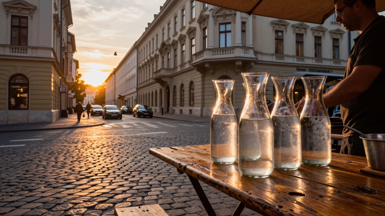 Street Scene in Budapest at As The Sun Drops Toward The Horizon in in Budapest, Hungary