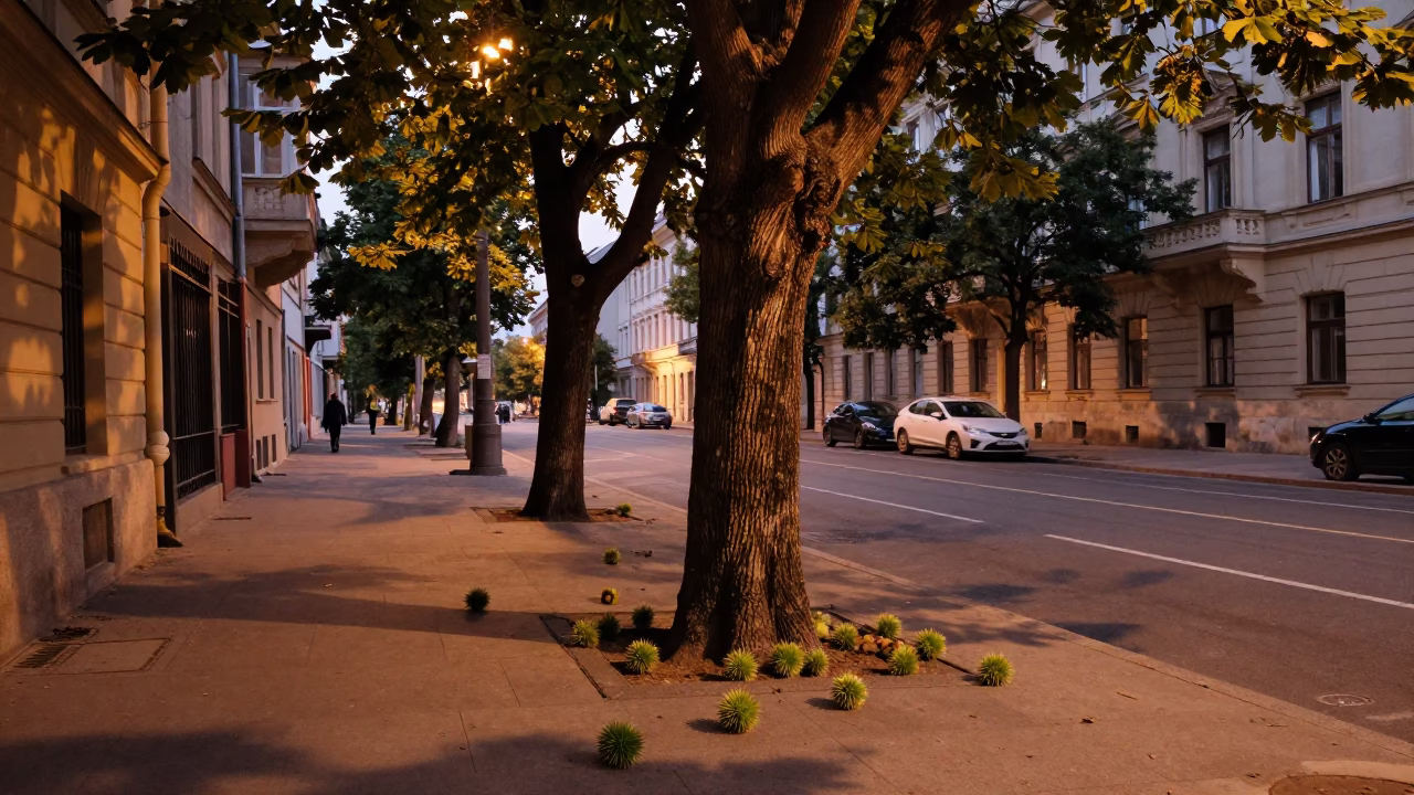 Street Scene in Budapest at Copper-toned Light Before Dusk in in Budapest, Hungary