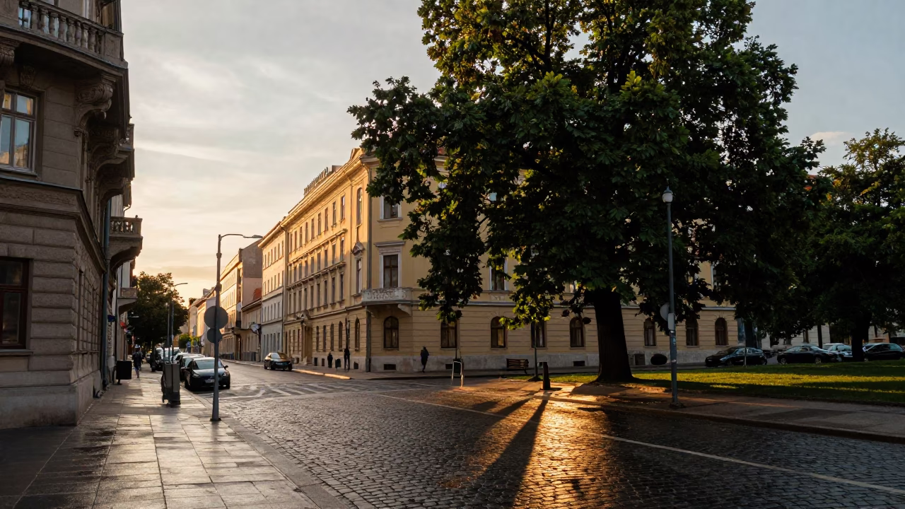 Street Scene in Budapest at Golden Hour in in Budapest, Hungary