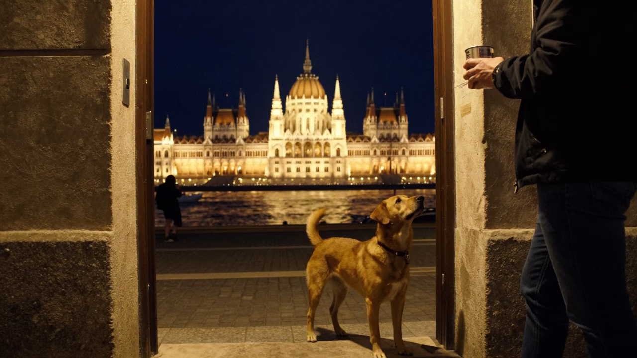Street Scene in Budapest at The Deepest Night Sky Light in in Budapest, Hungary