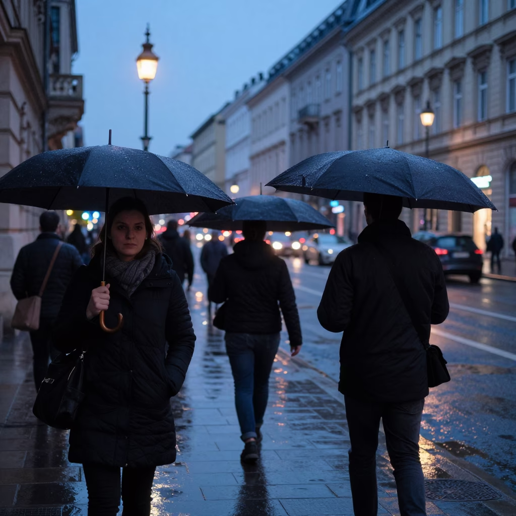 Street Scene in Budapest at The Last Blue Light Of Evening in in Budapest, Hungary