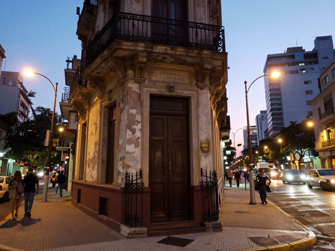 Street Scene in Buenos Aires at As City Lights Begin To Glow in in Buenos Aires, Argentina