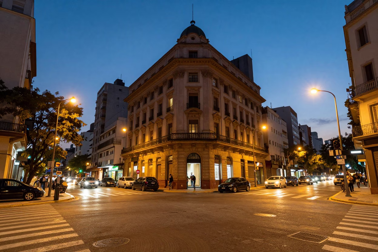 Street Scene in Buenos Aires at As City Lights Begin To Glow in in Buenos Aires, Argentina