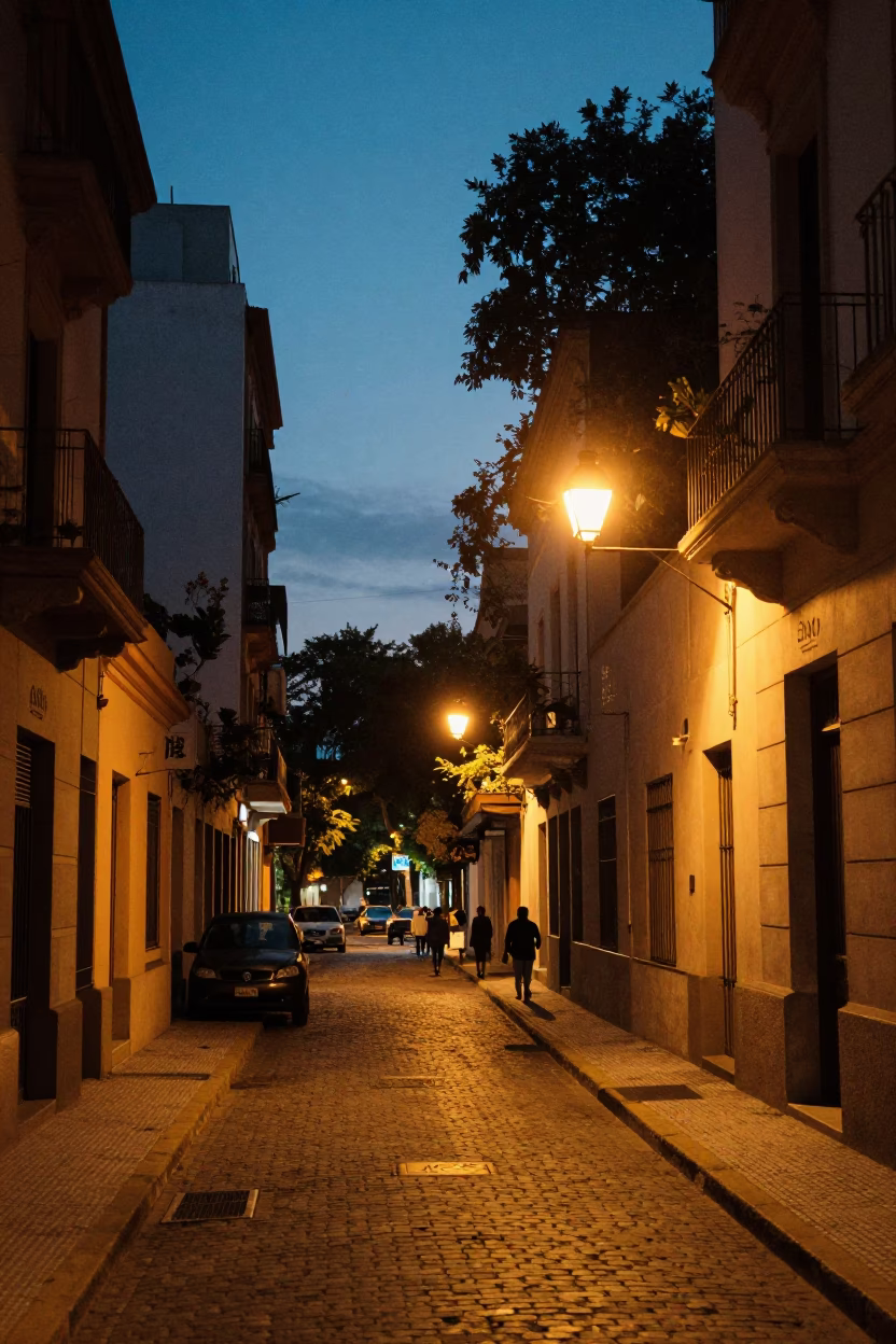 Street Scene in Buenos Aires at As City Lights Begin To Glow in in Buenos Aires, Argentina