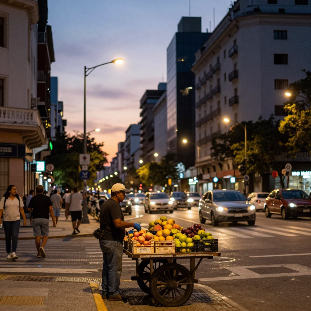 Street Scene in Buenos Aires at As City Lights Begin To Glow in in Buenos Aires, Argentina