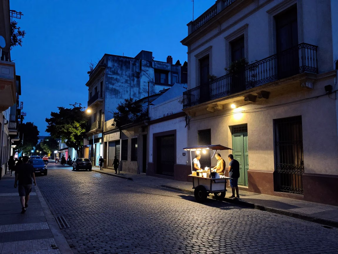 Street Scene in Buenos Aires at Indigo Twilight After Sunset in in Buenos Aires, Argentina