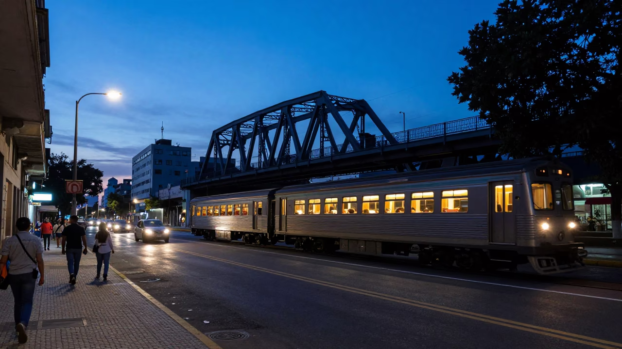 Street Scene in Buenos Aires at Nautical Dawn Light in in Buenos Aires, Argentina