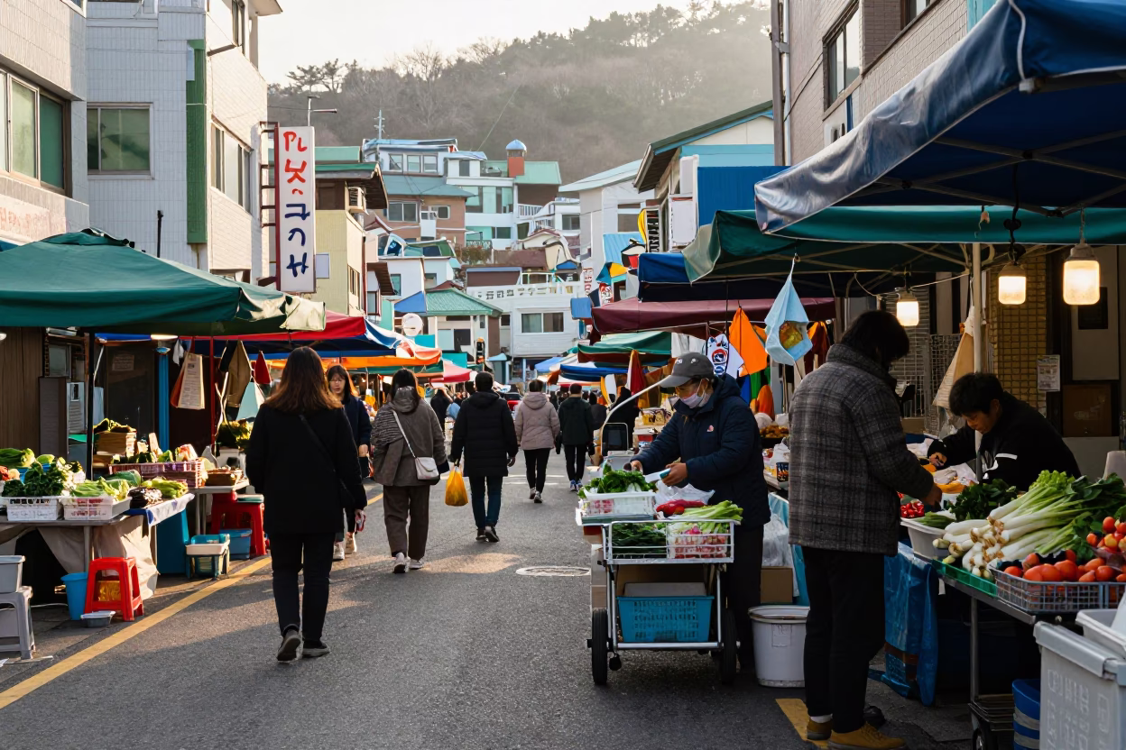 Street Scene in Busan at As First Light Reaches The Scene in in Busan, South Korea