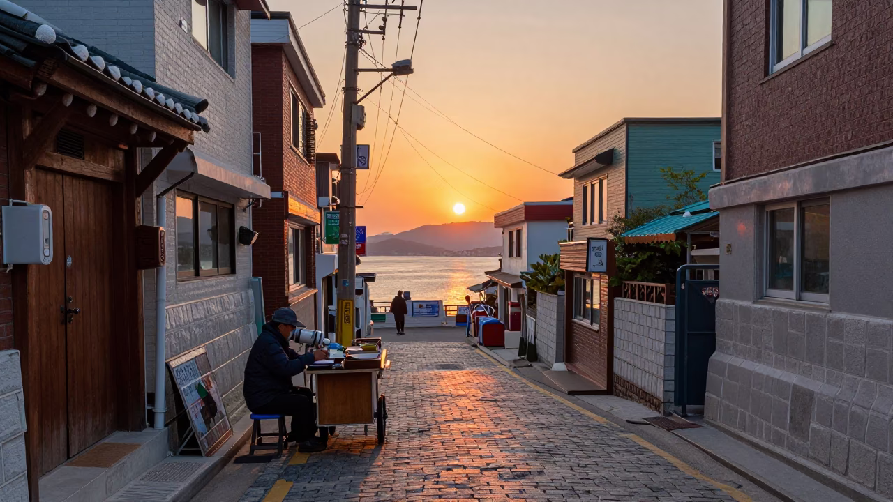 Street Scene in Busan at As The Sun Drops Toward The Horizon in in Busan, South Korea