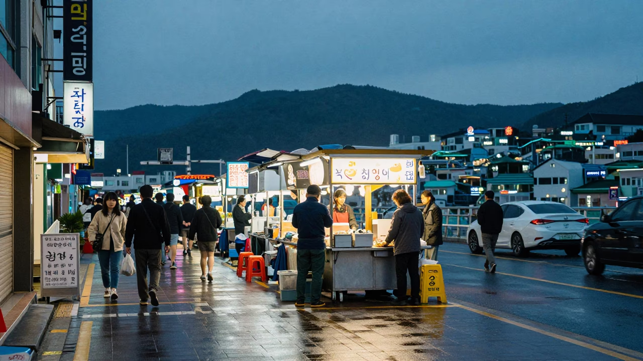 Street Scene in Busan at Blue Hour in in Busan, South Korea