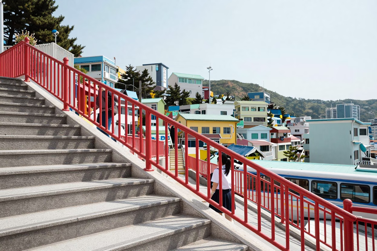 Street Scene in Busan at Bright Midmorning Light in in Busan, South Korea