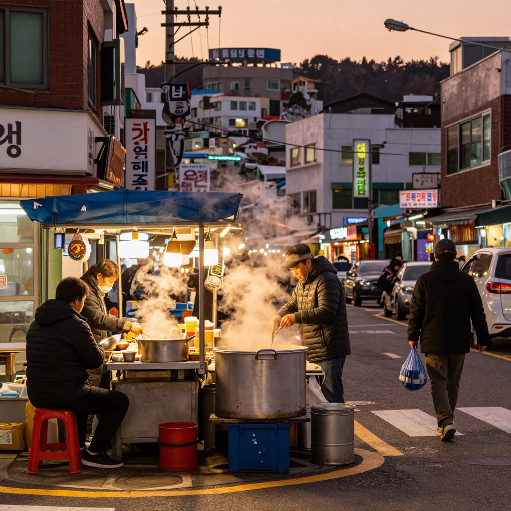 Street Scene in Busan at Copper-toned Light Before Dusk in in Busan, South Korea