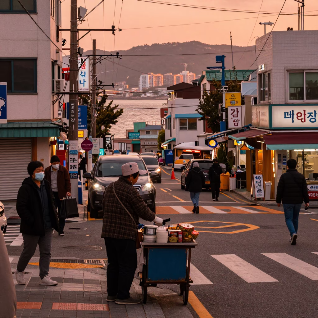 Street Scene in Busan at Copper-toned Light Before Dusk in in Busan, South Korea
