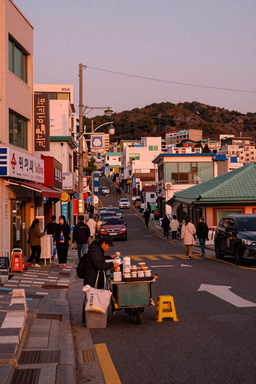 Street Scene in Busan at Copper-toned Light Before Dusk in in Busan, South Korea