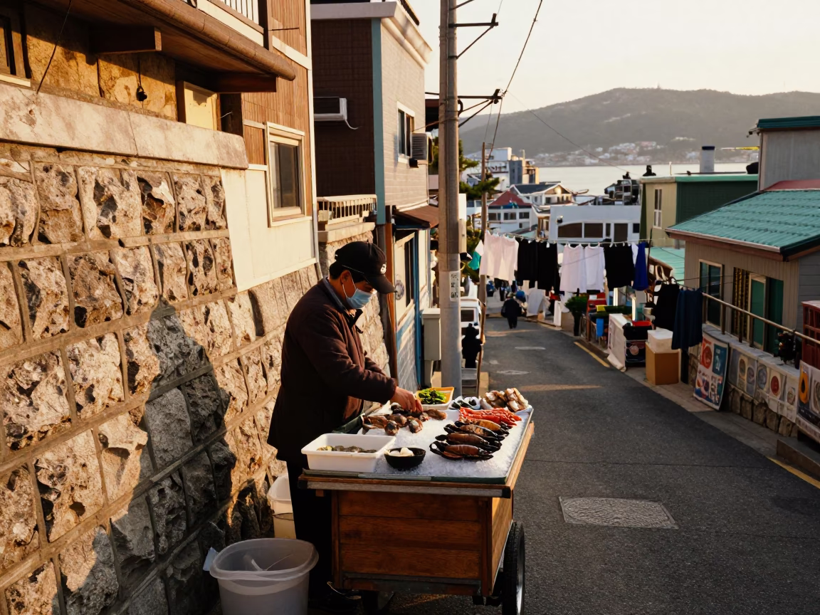Street Scene in Busan at Golden Hour in in Busan, South Korea