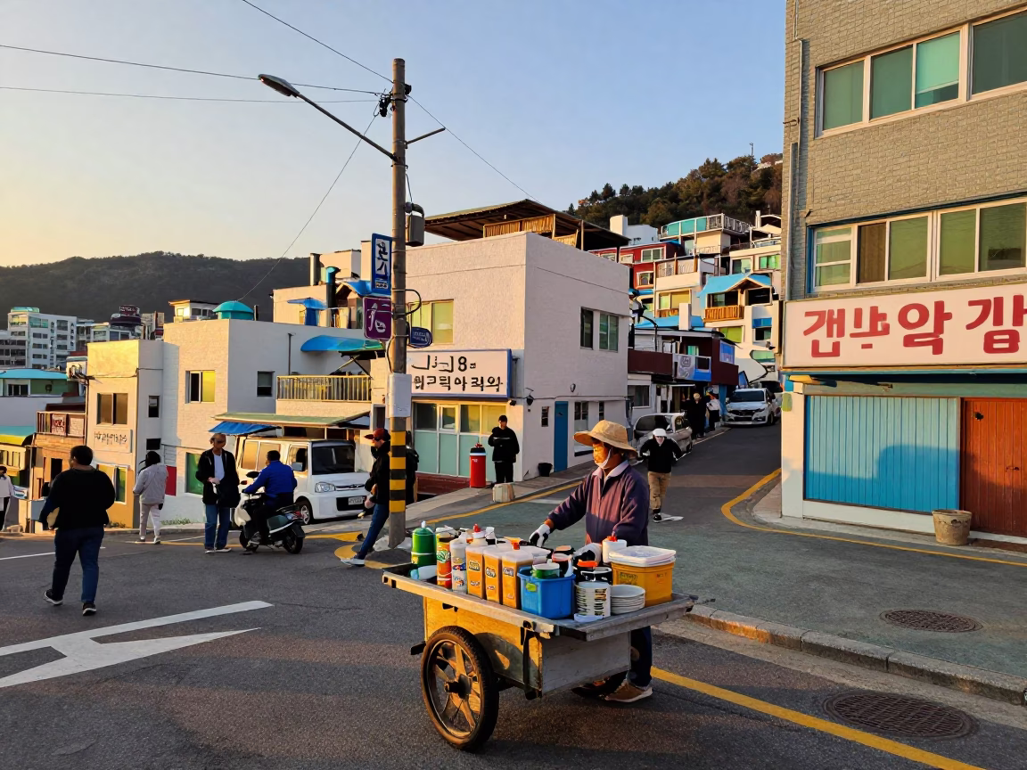 Street Scene in Busan at Honeyed Evening Light in in Busan, South Korea