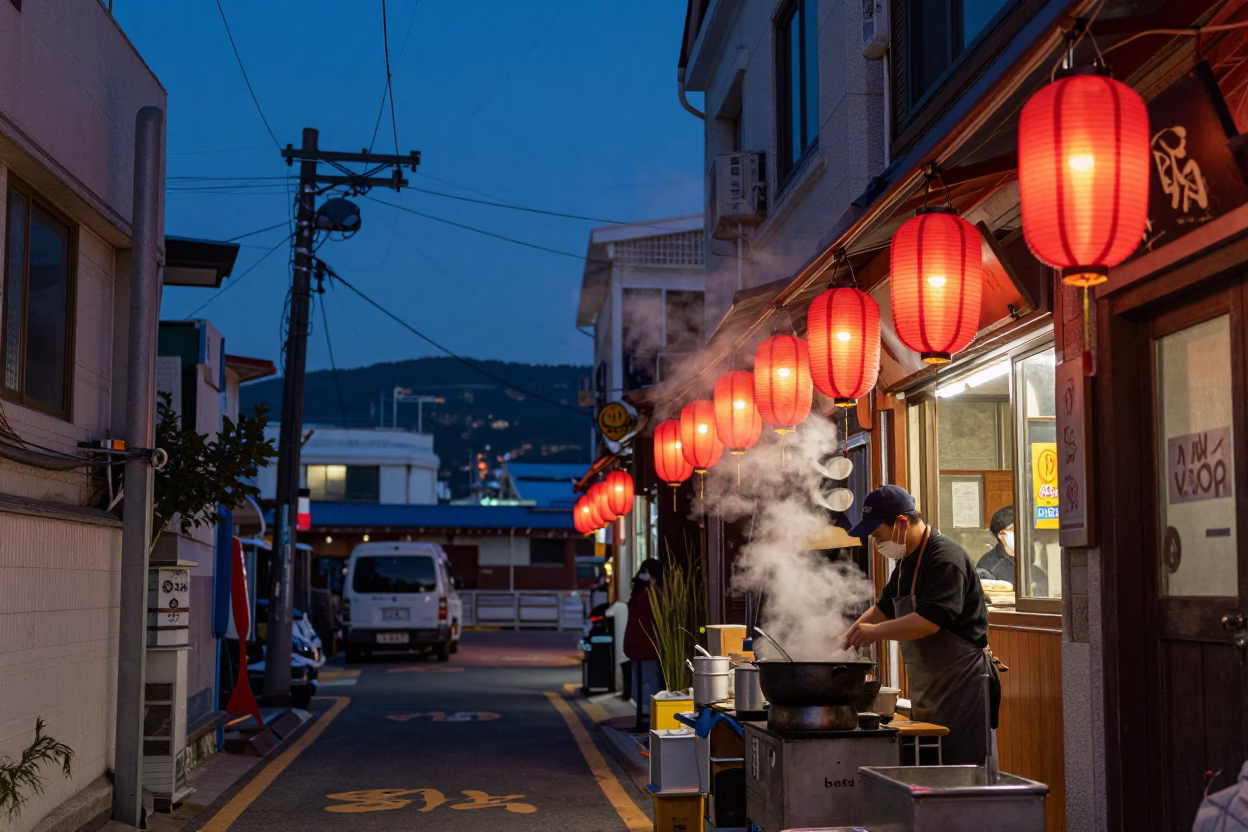Street Scene in Busan at Indigo Twilight After Sunset in in Busan, South Korea