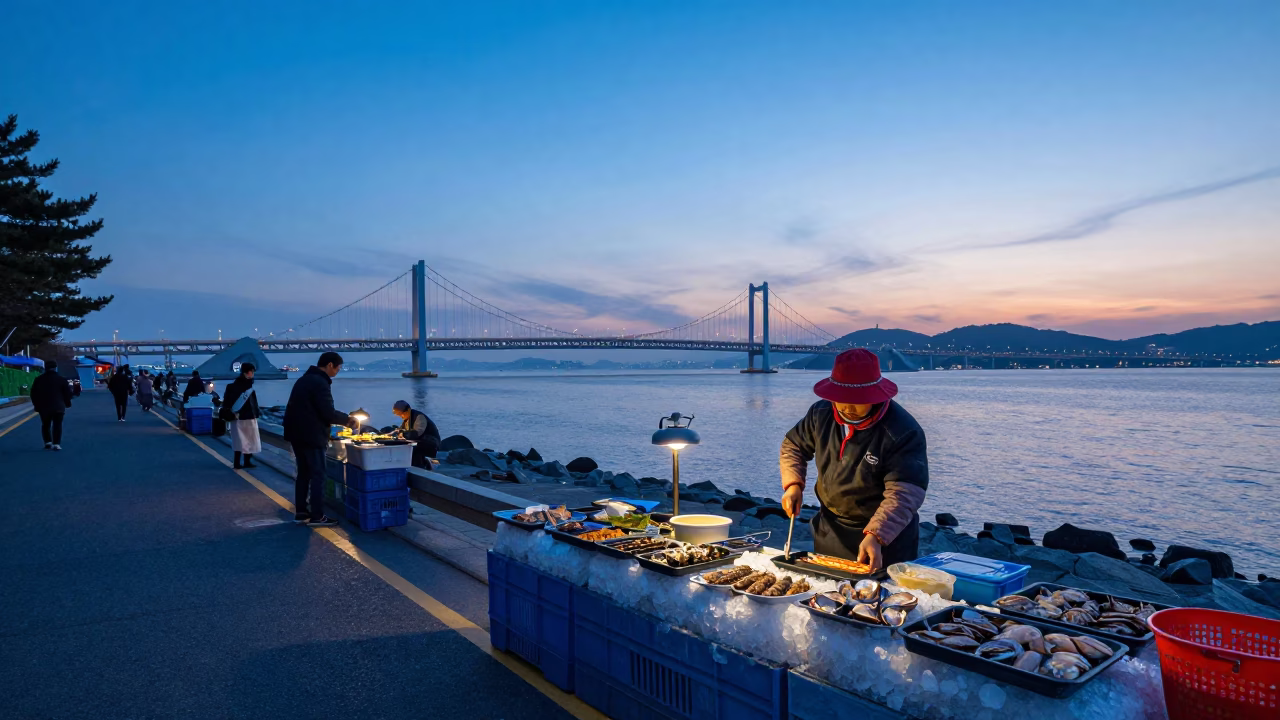 Street Scene in Busan at Nautical Dawn Light in in Busan, South Korea