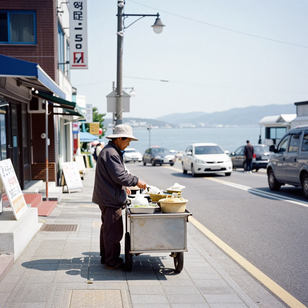 Street Scene in Busan at The Flat Glare Of Noon Light in in Busan, South Korea