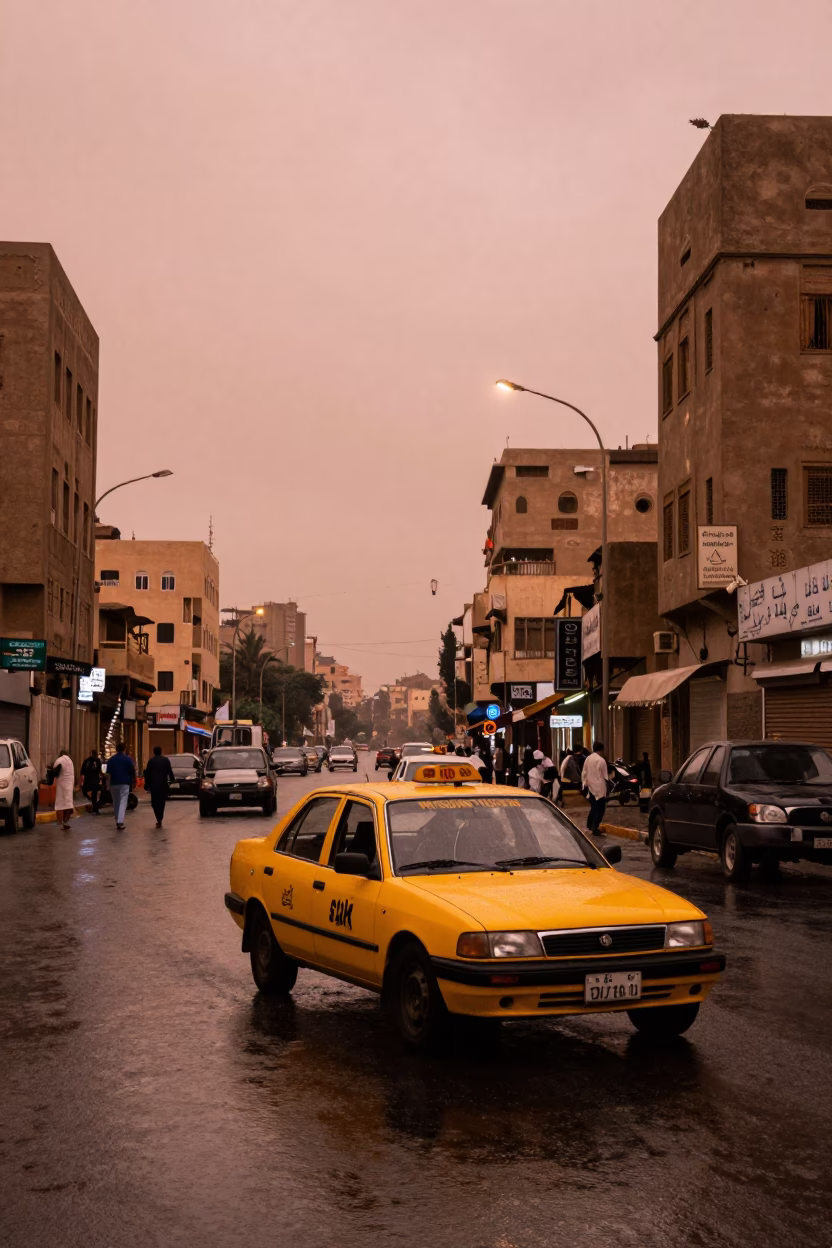 Street Scene in Cairo at Copper-toned Light Before Dusk in in Cairo, Egypt