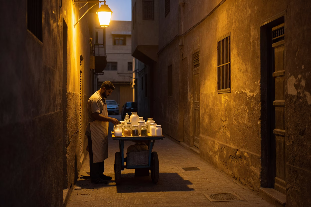 Street Scene in Cairo at The Predawn Darkness Light in in Cairo, Egypt