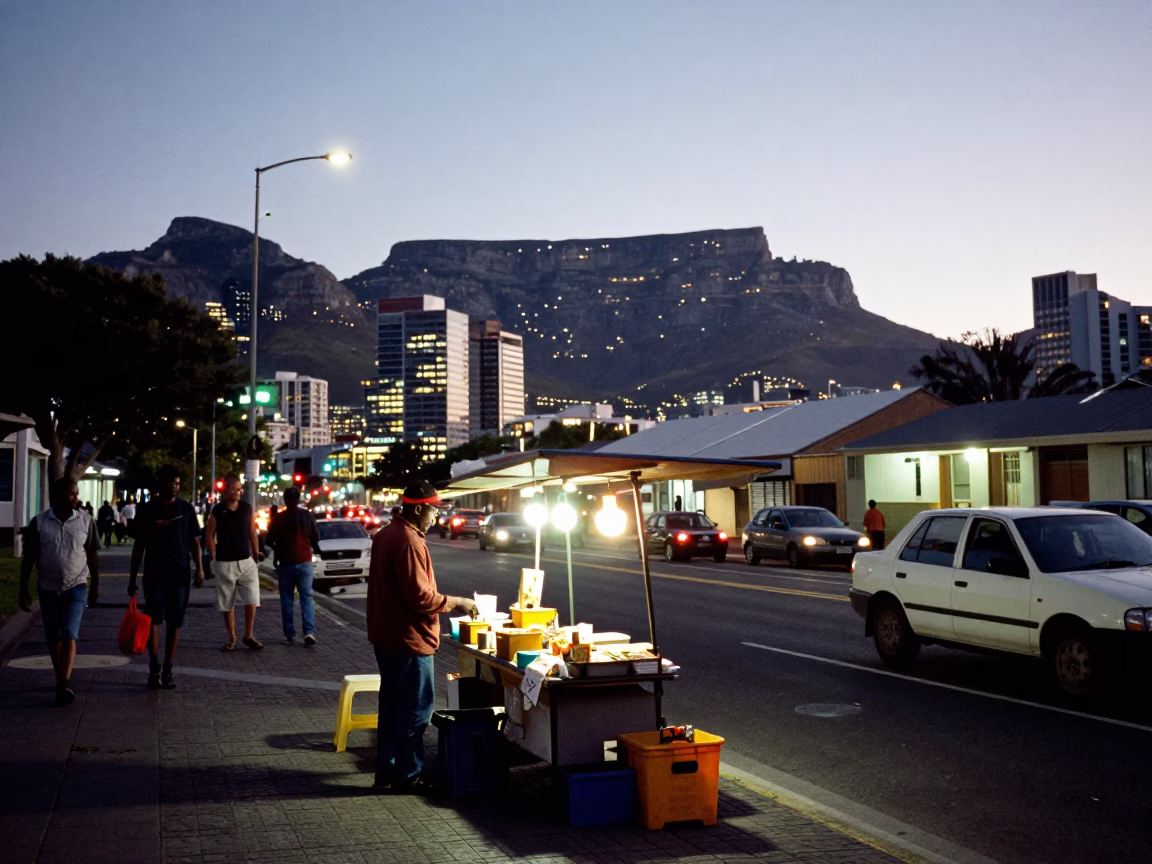 Street Scene in Cape Town at As City Lights Begin To Glow in in Cape Town, South Africa