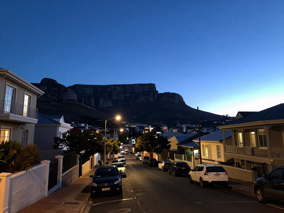 Street Scene in Cape Town at Indigo Twilight After Sunset in in Cape Town, South Africa