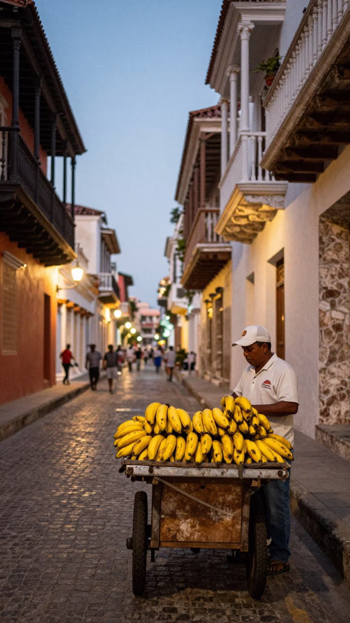 Street Scene in Cartagena at As City Lights Begin To Glow in in Cartagena, Colombia