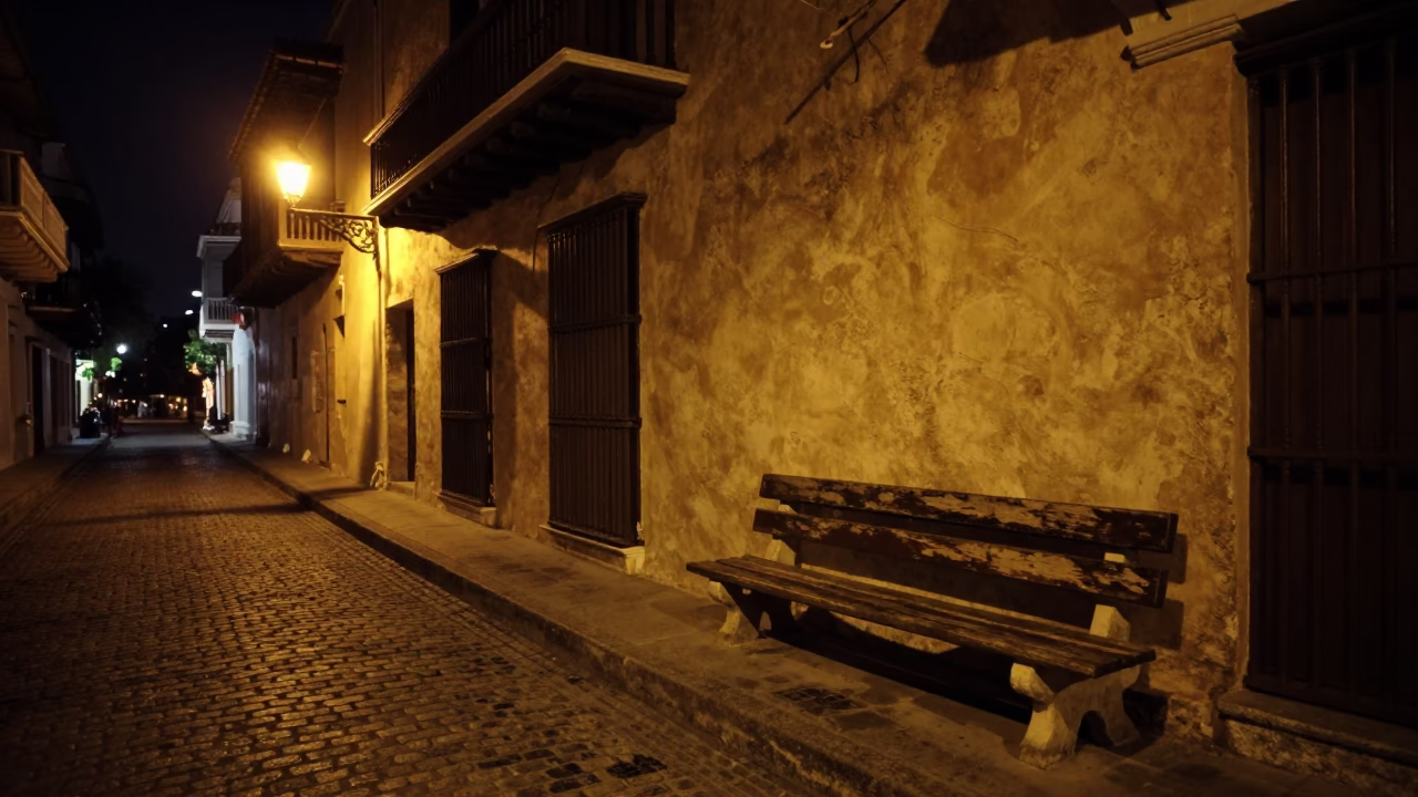 Street Scene in Cartagena at Deep In The Night Light in in Cartagena, Colombia