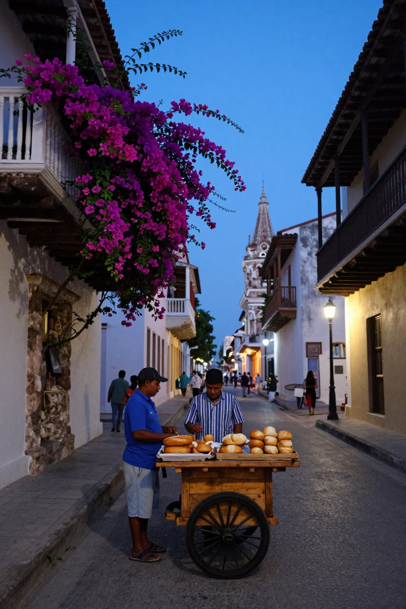Street Scene in Cartagena at Indigo Twilight After Sunset in in Cartagena, Colombia