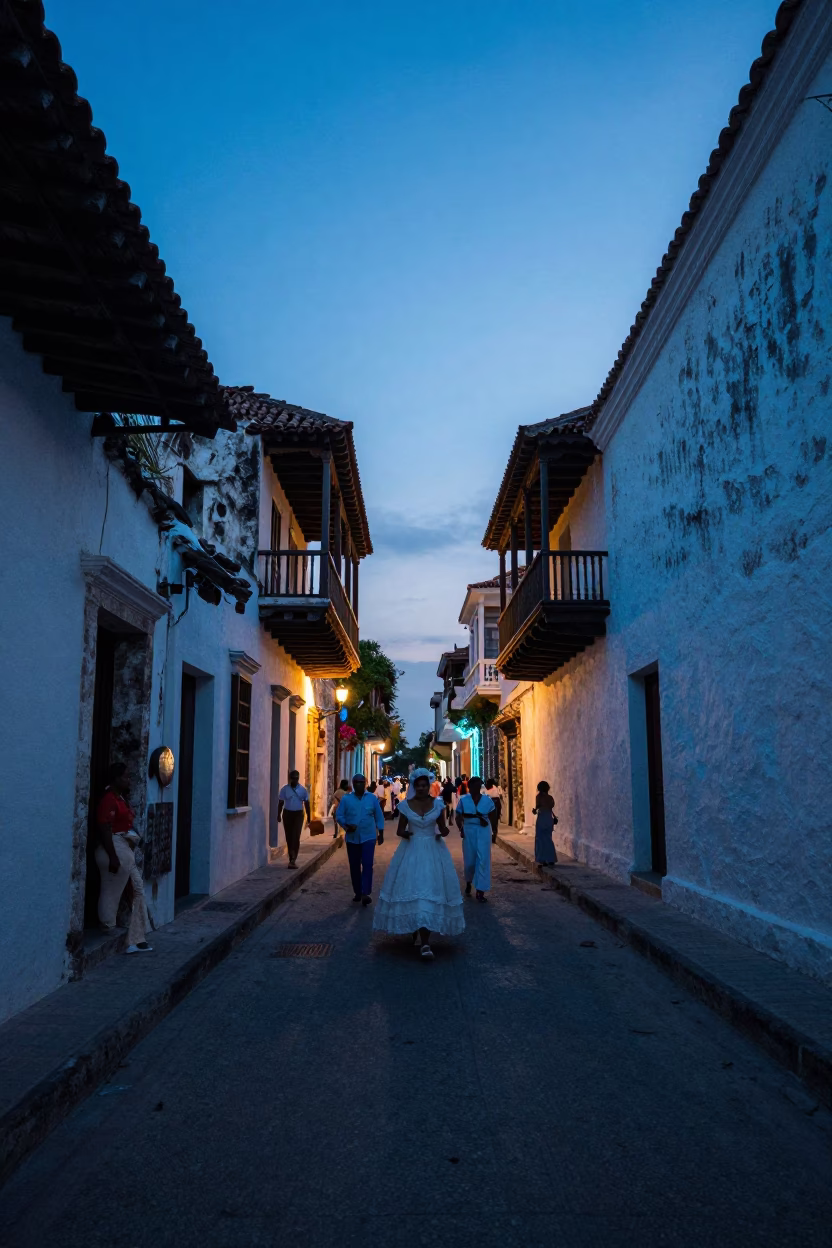 Street Scene in Cartagena at Indigo Twilight After Sunset in in Cartagena, Colombia