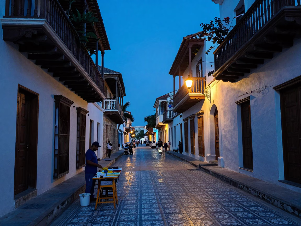Street Scene in Cartagena at Indigo Twilight After Sunset in in Cartagena, Colombia