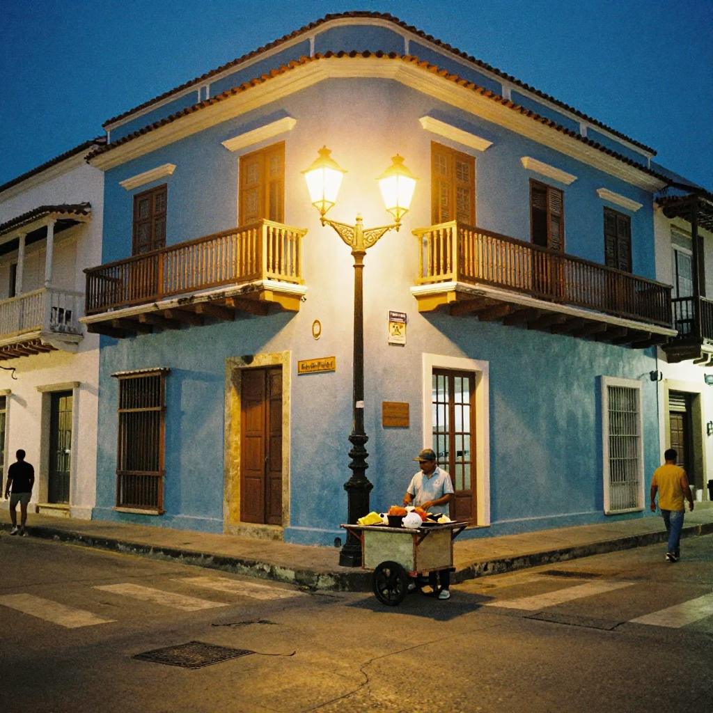 Street Scene in Cartagena at Late At Night Light in in Cartagena, Colombia