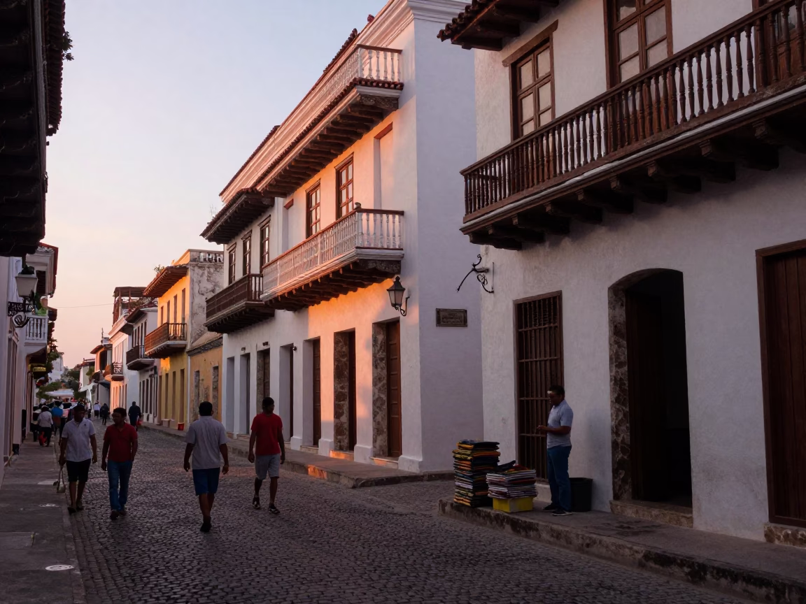 Street Scene in Cartagena at Nautical Dawn Light in in Cartagena, Colombia